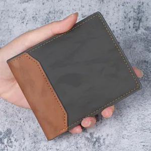 Fashion Men's Short Wallet Vintage Bifold PU Leather Purse With Card Slots And Coin Pocket Color Block Casual Money Clip
