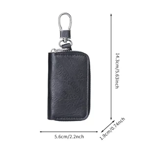 Minimalist black leather L-zip coin purse with keychain and product dimensions.