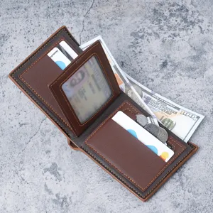 Classic men's short bifold PU leather wallet with multiple card slots and clear ID window view