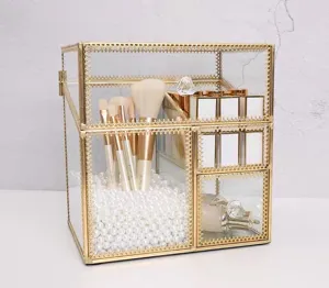 Klares Glas Make-up-Organizer mit Goldrand, mehrstufige Kosmetikaufbewahrung für den Frisiertisch.