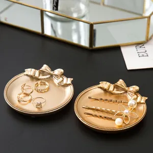 Vintage Resin Bowknot Jewelry Tray Retro Gold Silver Round Storage Plate Desktop Organizer Photography Prop