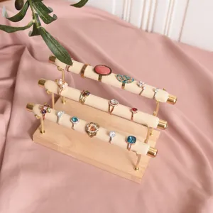 Wooden ring display stand 3 tier beige velvet jewelry organizer holder showcase rack