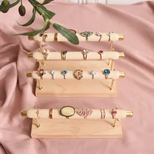 Wooden ring display stand velvet T-bar jewelry organizer for retail shop showcase.