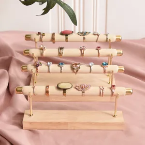 Wooden ring display stand multi-tier jewelry organizer for retail shop showcase tabletop ring holder.