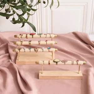 Wooden ring display stand jewelry organizer with beige velvet bars and metal support for store 94