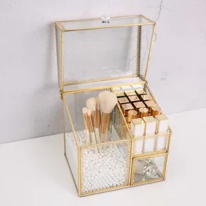 Transparente Glas Kosmetikbox mit Messingrand, Deckel Make-up Organizer für den Tisch.