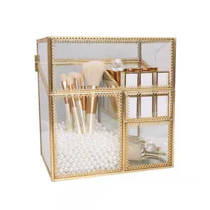 Klappbarer Make-up-Organizer aus Glas mit Goldrahmen für Kosmetik und Schmuck.