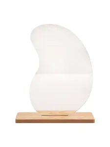 Irregular desktop mirror with wooden base, perfect for jewelry display and photography.
