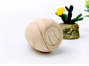 Wooden ornament detail view, showing natural wood texture and smooth curved egg-shaped design.
