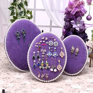 Velvet Jewelry Display Stand Oval Earring Holder Necklace Organizer Board With Artificial Pearl Edge For Home Desktop Decor
