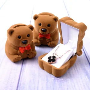 Süßer brauner Bär Plüsch Schmuckschatulle Set mit Klee Halskette für Ring und Geschenke