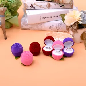 Flocked Rose Flower Ring Box Romantic Proposal Earring Storage Case Valentine Day Jewelry Packaging Container