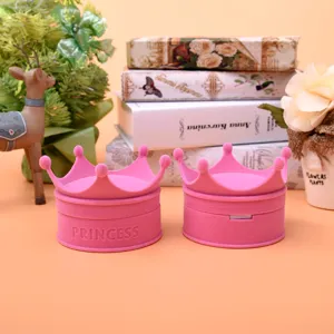 Pink velvet crown jewelry box for contact lenses, cute flocking storage organizer case.
