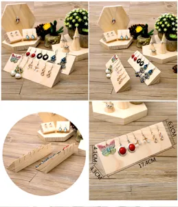 Wooden jewelry display stand detail showing solid wood earring rack and ring holder organizer.