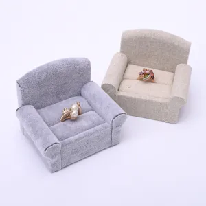 Mini sofa ring holder velvet linen jewelry display stand cute ring storage box showcase prop