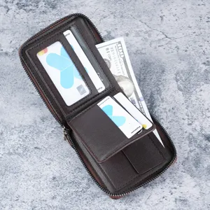 Men's brown short zip-around wallet featuring multiple card slots and large capacity