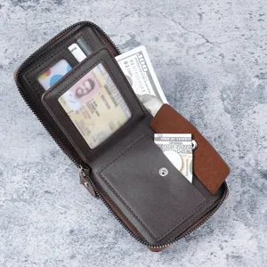 Vintage brown leather zippered men's short wallet with multiple card slots