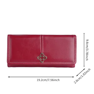 Red women's soft leather long wallet with stylish clover decor and dimension marks