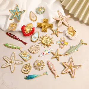 Ciondoli In Acciaio Inossidabile Placcato Oro 18K Per Creazione Gioielli Croce Cuore Pesce Smalto Strass Charms Fai Da Te