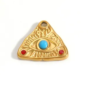 18K Gold Plated Stainless Steel Evil Eye Triangle Pendant with Turquoise and Red Crystal Details