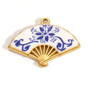 Elegant 18K gold plated fan pendant with blue and white floral enamel jewelry accessory