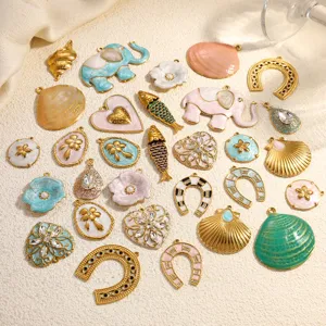 Stainless Steel DIY Jewelry Accessories Cute Enamel Flower Heart Shell 18K Gold Plated Rhinestone Pendants For Necklace Making Women