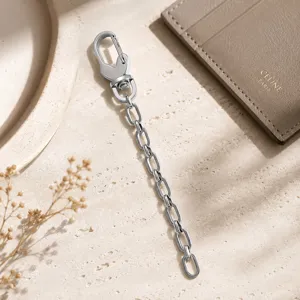 Dettaglio di una catena in acciaio inossidabile argento con moschettone su pietra.