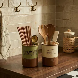 Set de porte-couverts en céramique pour cuisine, joli motif de chat et texte, boîte de rangement.