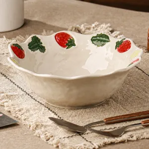Keramische aardbei soepkom, 8 inch fruitschaal met reliëfpatroon, 1200ml capaciteit voor keuken.