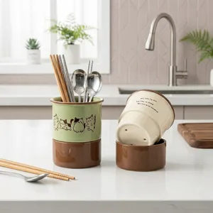 Porte-baguettes en Céramique de Chat de Dessin Animé Mignon Cuisine Boîte de Rangement de Drainage Organisateur de Couverts de Bureau Décoration de la Maison