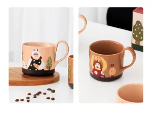 Cute ceramic coffee mug with cute cartoon girl design, French cream style ceramic cup for breakfast.