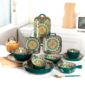 Detailed view of green ceramic Bohemian tableware dinnerware set featuring bowls and plates.