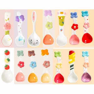 Cute ceramic spoon with cute floral and cartoon design, long handle dessert spoon, 70g.