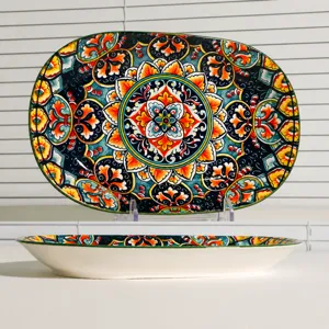 Bohemian style oval ceramic fish plate, 28x18.5x3cm colorful decorative dinnerware.