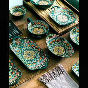 Bohemian ceramic tableware set featuring green mandala patterns for stylish daily kitchen dining use.