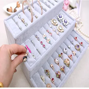 Grey velvet jewelry organizer box with 3 layers, rings earrings and bracelets display stand.
