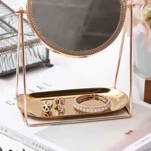 Copper desktop makeup mirror with storage tray, elegant European style vanity mirror detail.