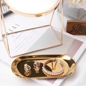 European style copper desktop makeup mirror with gold tray and elegant jewelry display set