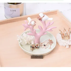 Keramische vogel boom sieraden display standaard met opbergbakje voor ringen en sleutels