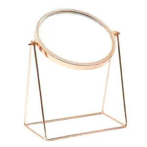 Rose gold desktop makeup mirror, European style vanity mirror with adjustable rotating stand.