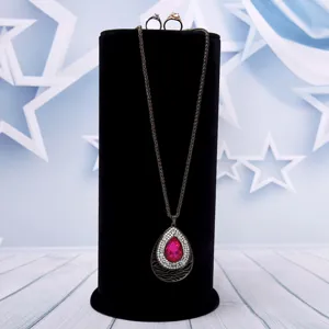 Black velvet vertical jewelry display stand necklace and ring organizer main view.