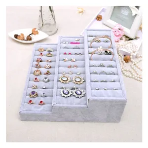 3-tier velvet ring display tray gray jewelry organizer for earrings bracelets showcase
