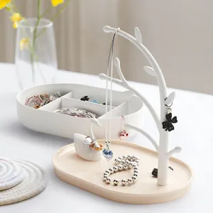 Organizador de soporte de joyería de árbol de cisne con bandeja para anillos collares