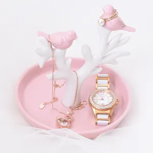 Keramisch vogel sieraden plateau roze boom ringhouder desktop organizer display standaard ketting