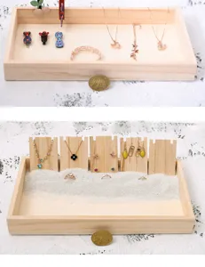 Wooden jewelry display tray and storage box set with wooden stands for rings and necklaces.
