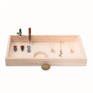 Wooden jewelry tray with velvet lining, desktop storage organizer for rings, earrings and necklaces.