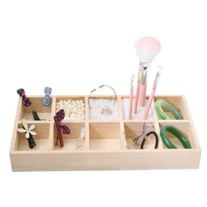 Solid wood jewelry storage box organizer with multiple compartments for rings, earrings, and accessories.
