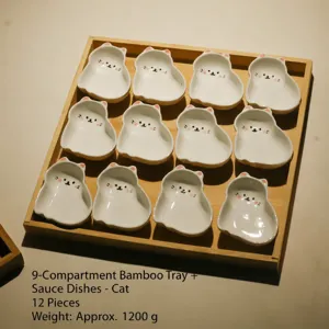 Cute ceramic cat shaped sauce dish set with wooden storage tray for kitchen table decor.