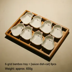 Cute ceramic cat sauce dish set with 6-compartment wooden tray for snacks and desserts.