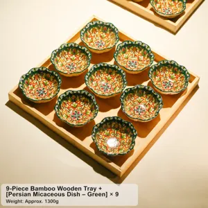 Ceramic snack dish set with 9 grids wooden tray, decorative bohemian ceramic bowls for home.